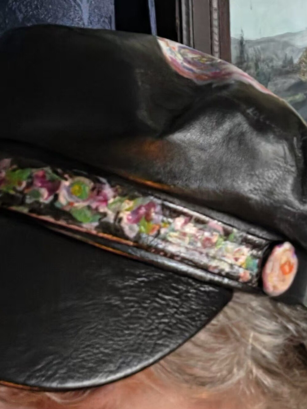 Black Leather Newsboy Cap with Handpainted Original Art
